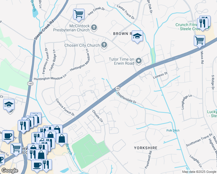 map of restaurants, bars, coffee shops, grocery stores, and more near 12100 South Tryon Street in Charlotte
