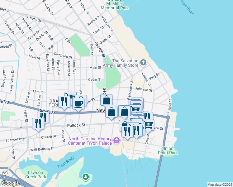 map of restaurants, bars, coffee shops, grocery stores, and more near 511 Metcalf Street in New Bern