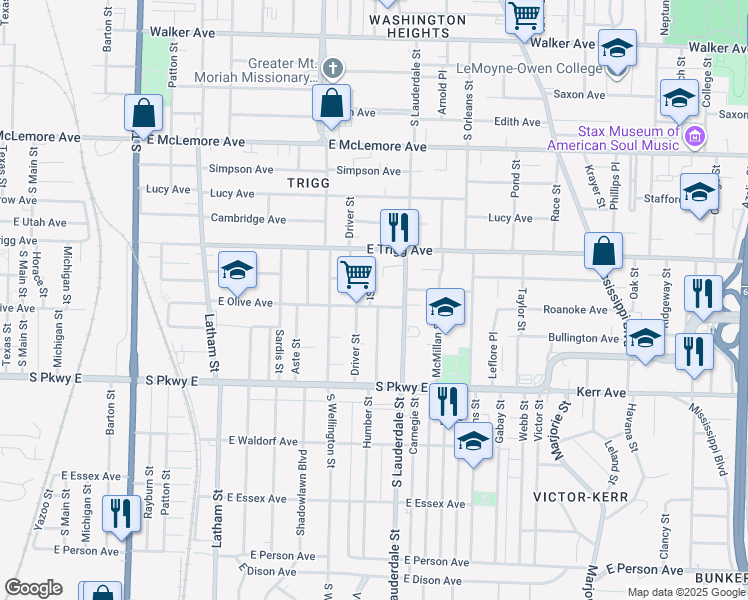 map of restaurants, bars, coffee shops, grocery stores, and more near 520 East Olive Avenue in Memphis
