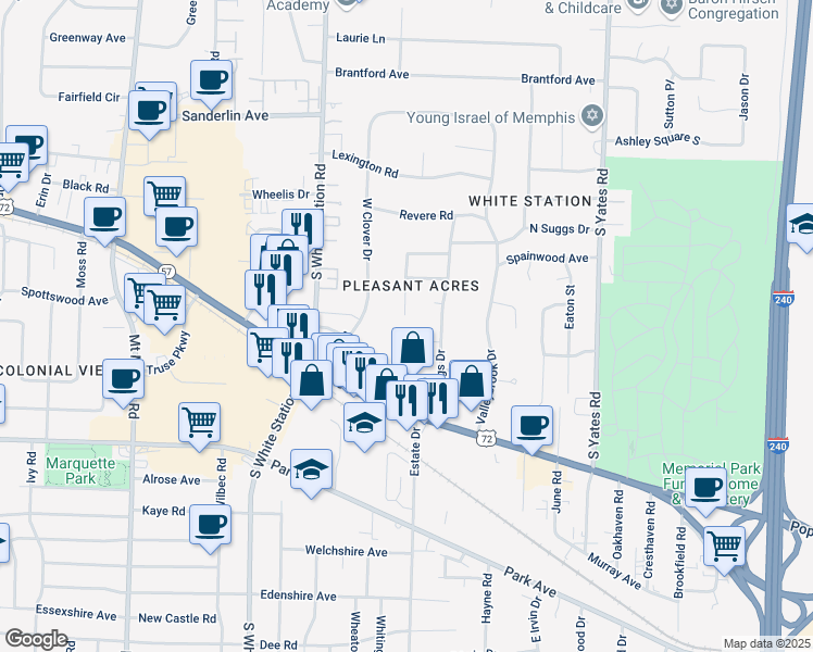 map of restaurants, bars, coffee shops, grocery stores, and more near 5229 Keatswood Cove in Memphis