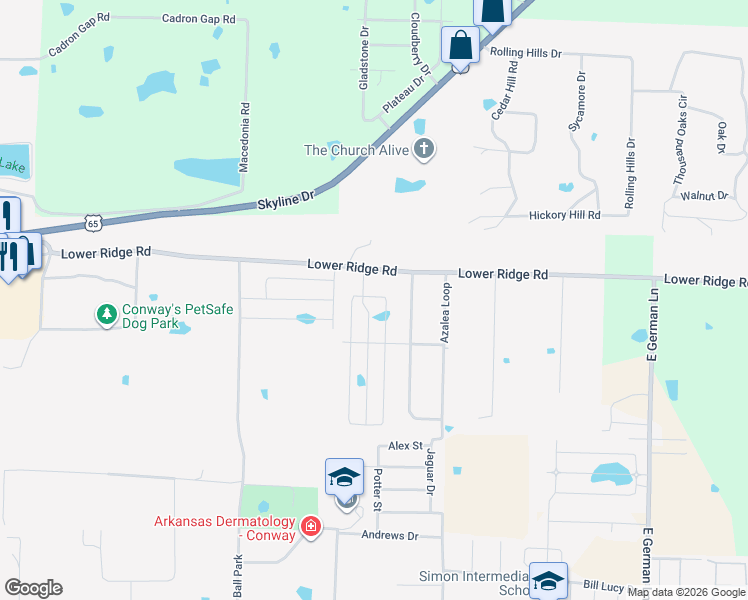 map of restaurants, bars, coffee shops, grocery stores, and more near 2270 Ethridge Lane in Conway