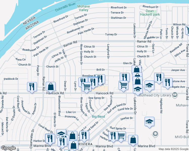 map of restaurants, bars, coffee shops, grocery stores, and more near 827 Baseline Road in Bullhead City