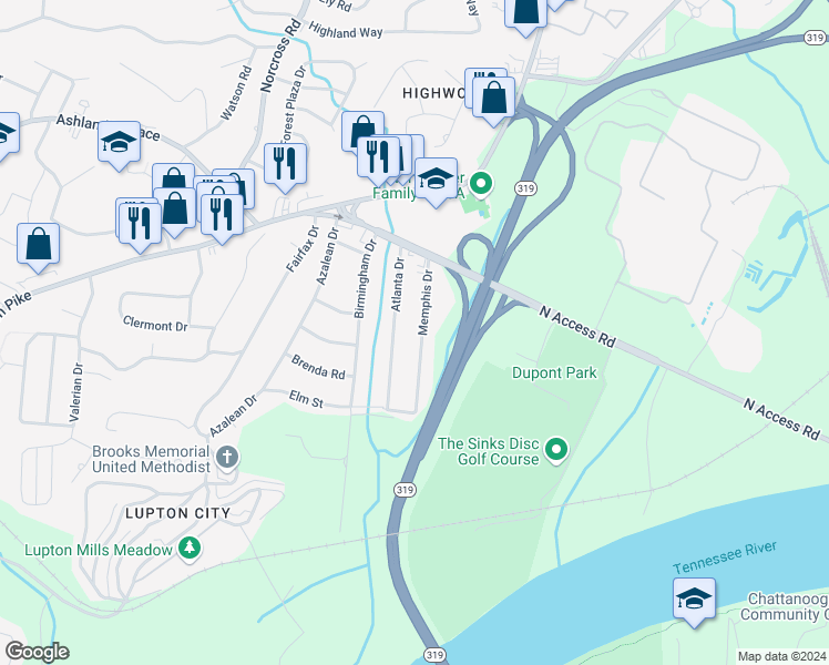 map of restaurants, bars, coffee shops, grocery stores, and more near 3905 Memphis Drive in Chattanooga