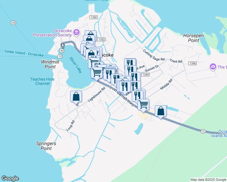 map of restaurants, bars, coffee shops, grocery stores, and more near 620 Irvin Garrish Highway in Ocracoke