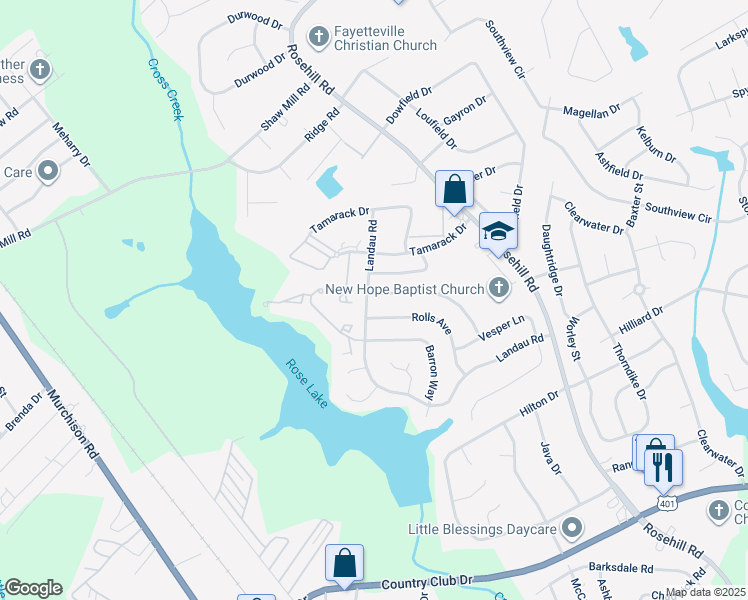 map of restaurants, bars, coffee shops, grocery stores, and more near 3585 Torbay Drive in Fayetteville