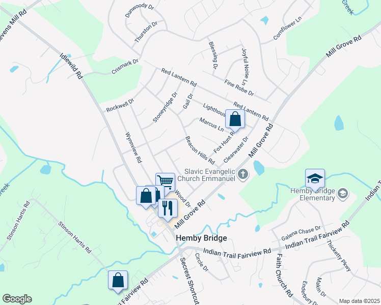 map of restaurants, bars, coffee shops, grocery stores, and more near 8011 Beacon Hills Road in Indian Trail