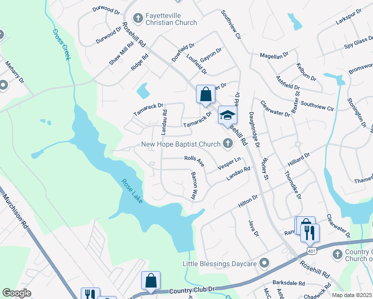 map of restaurants, bars, coffee shops, grocery stores, and more near 3545 Torbay Drive in Fayetteville