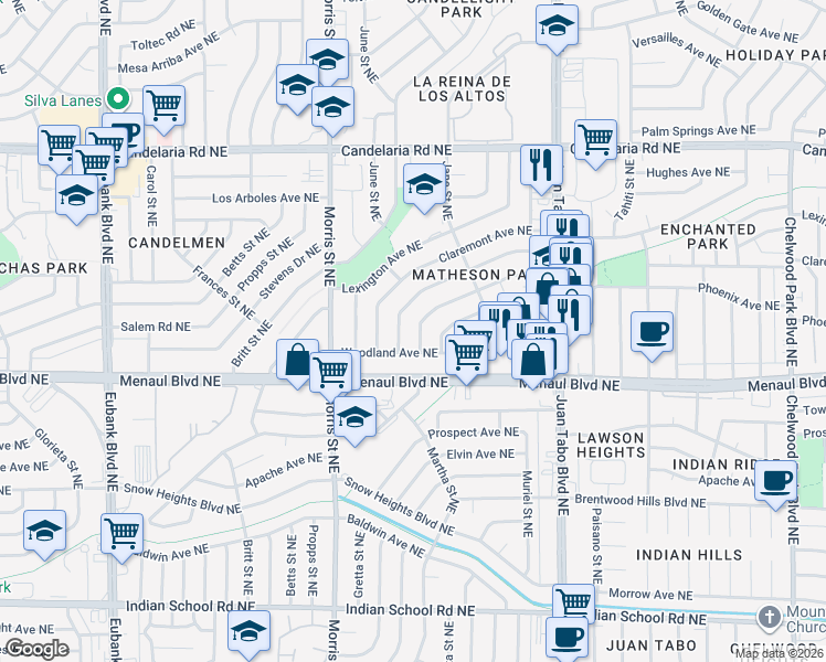 map of restaurants, bars, coffee shops, grocery stores, and more near 2413 Martha Street Northeast in Albuquerque