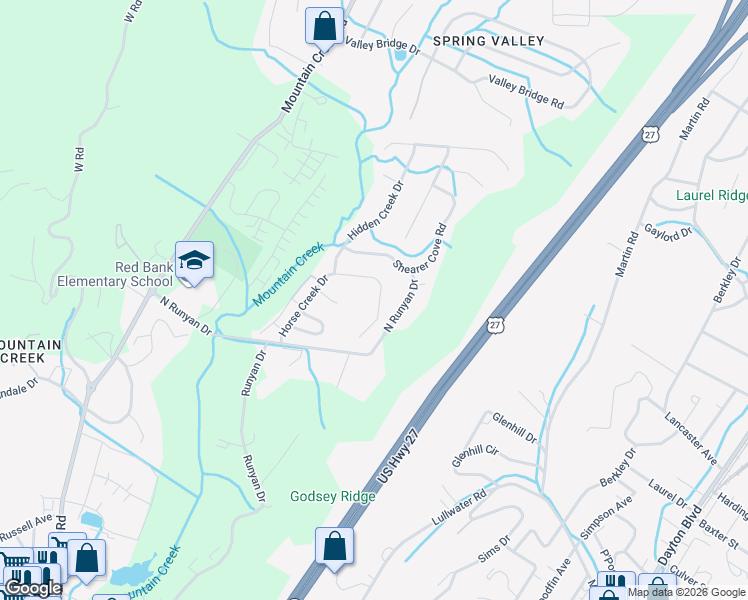 map of restaurants, bars, coffee shops, grocery stores, and more near 296 Horse Creek Drive in Chattanooga