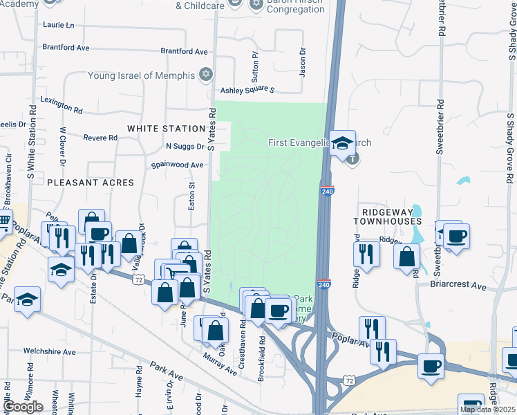 map of restaurants, bars, coffee shops, grocery stores, and more near 5668 Poplar Avenue in Memphis