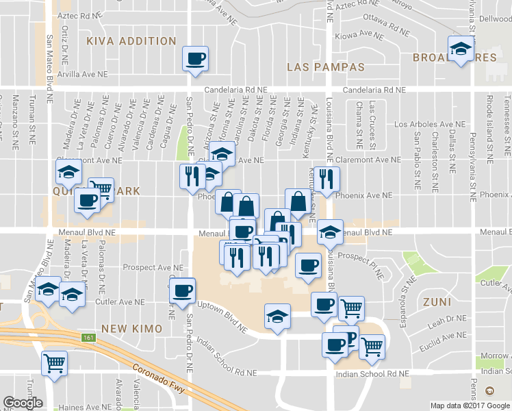 map of restaurants, bars, coffee shops, grocery stores, and more near 2629 Florida Street Northeast in Albuquerque
