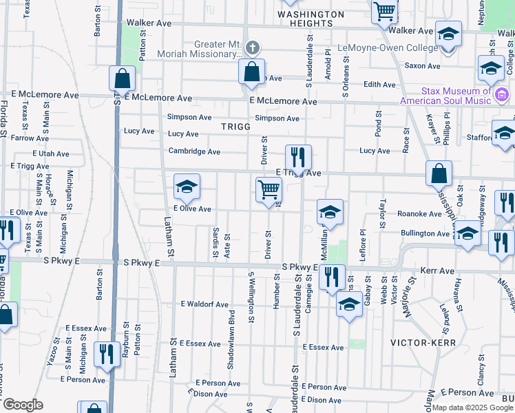 map of restaurants, bars, coffee shops, grocery stores, and more near 478 East Olive Avenue in Memphis