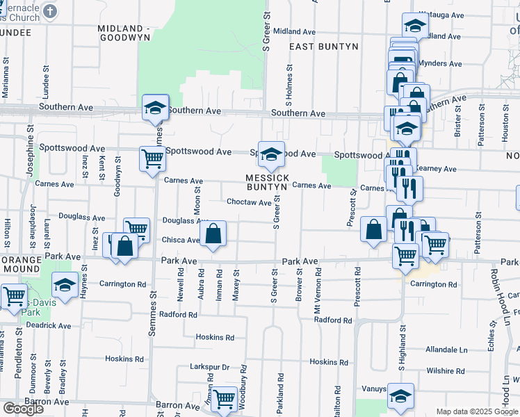 map of restaurants, bars, coffee shops, grocery stores, and more near 3225 Choctaw Avenue in Memphis