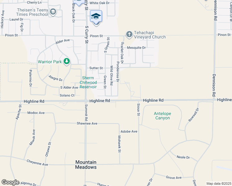 map of restaurants, bars, coffee shops, grocery stores, and more near 1453 Ponderosa Drive in Tehachapi
