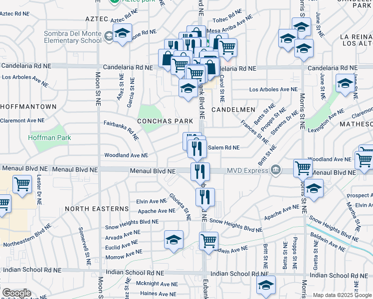 map of restaurants, bars, coffee shops, grocery stores, and more near 9609 Salem Road Northeast in Albuquerque