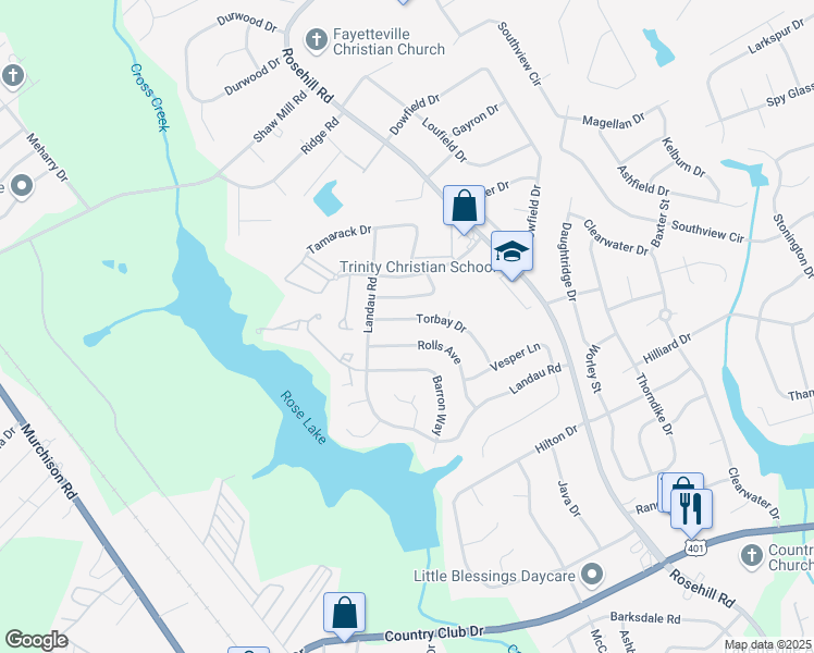 map of restaurants, bars, coffee shops, grocery stores, and more near 3557 Torbay Drive in Fayetteville