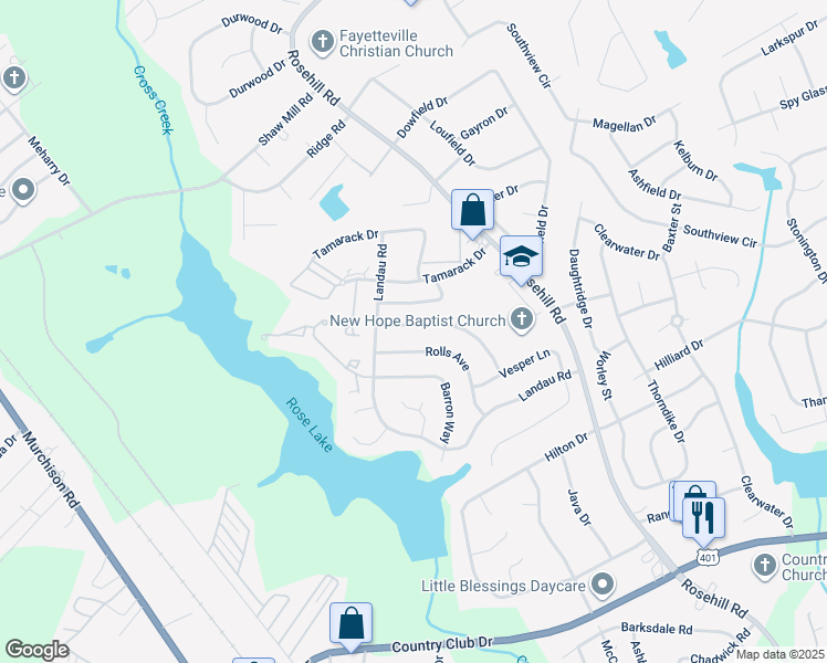 map of restaurants, bars, coffee shops, grocery stores, and more near 3557 Torbay Drive in Fayetteville