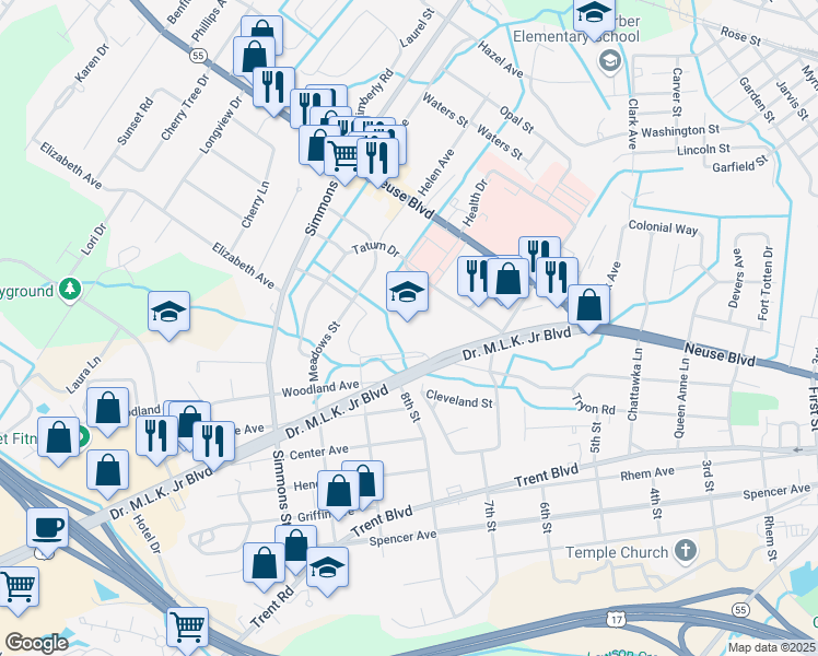 map of restaurants, bars, coffee shops, grocery stores, and more near 2000 Doctor Martin Luther King Junior Boulevard in New Bern