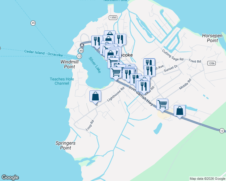 map of restaurants, bars, coffee shops, grocery stores, and more near 116 Lighthouse Road in Ocracoke