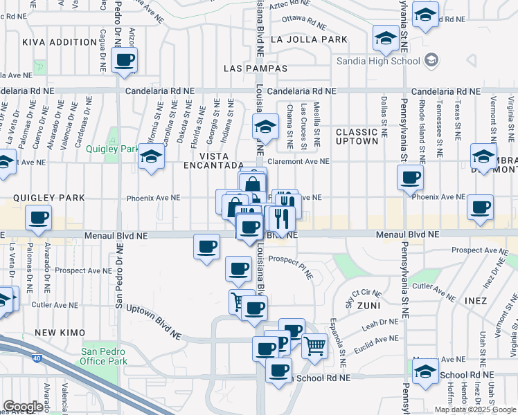map of restaurants, bars, coffee shops, grocery stores, and more near 2671 Louisiana Boulevard Northeast in Albuquerque