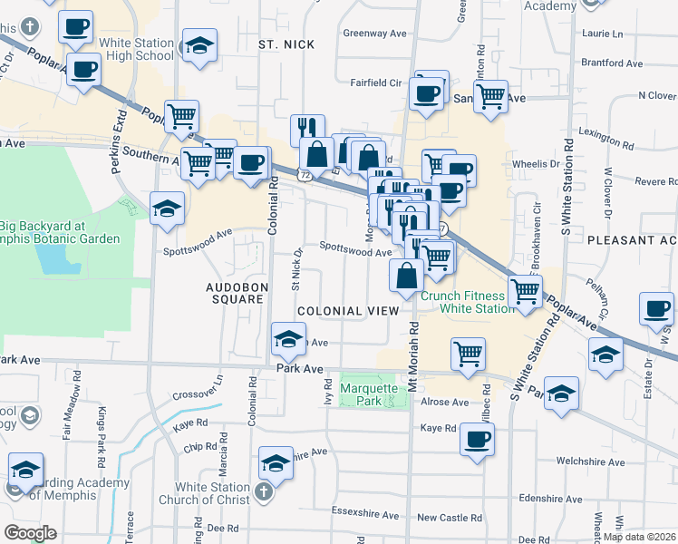 map of restaurants, bars, coffee shops, grocery stores, and more near 752 Berry Road in Memphis