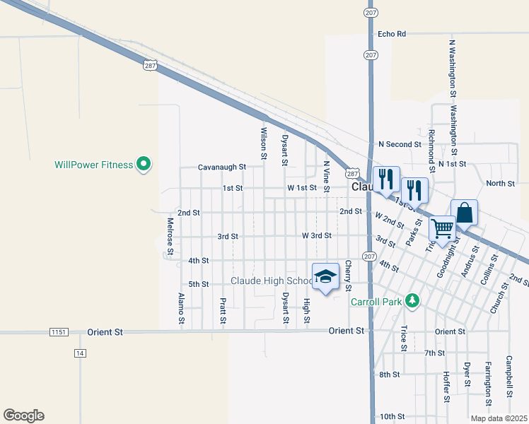 map of restaurants, bars, coffee shops, grocery stores, and more near 199 Wilson Street in Claude