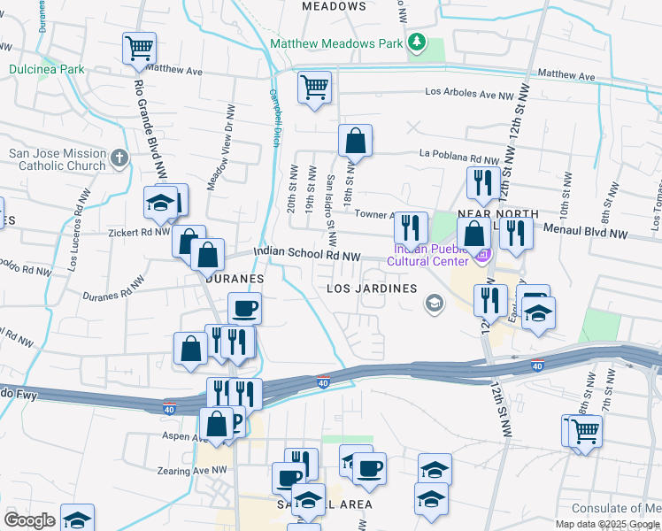 map of restaurants, bars, coffee shops, grocery stores, and more near 1816 Indian School Road Northwest in Albuquerque