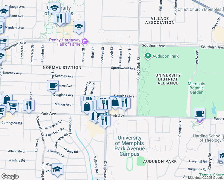 map of restaurants, bars, coffee shops, grocery stores, and more near 762 Loeb Street in Memphis