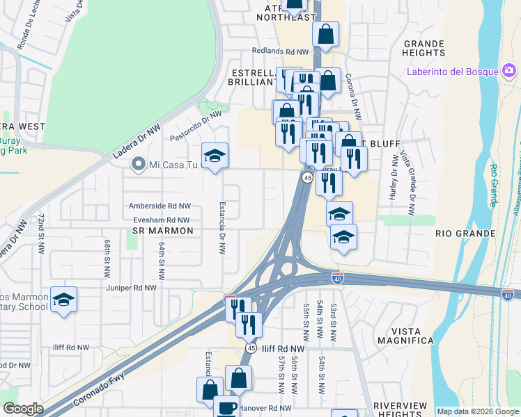 map of restaurants, bars, coffee shops, grocery stores, and more near 2327 Maiden Grass Road Northwest in Albuquerque