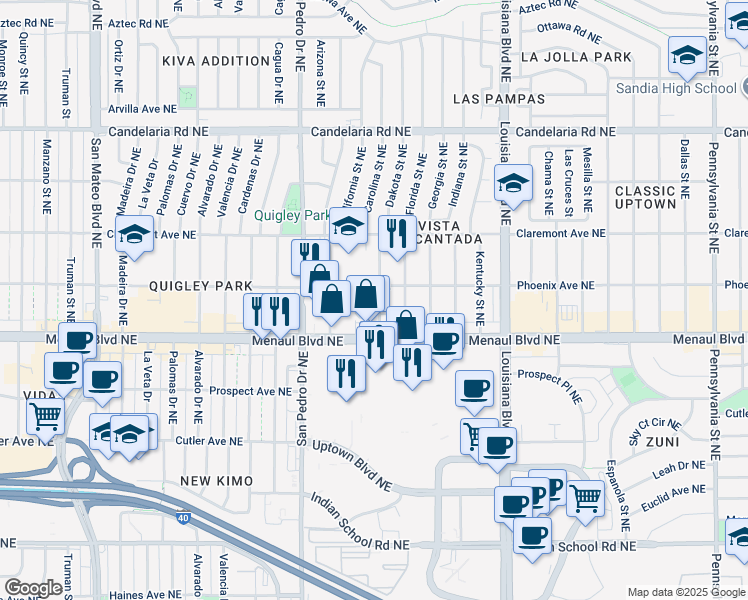 map of restaurants, bars, coffee shops, grocery stores, and more near 2627 Dakota Street Northeast in Albuquerque