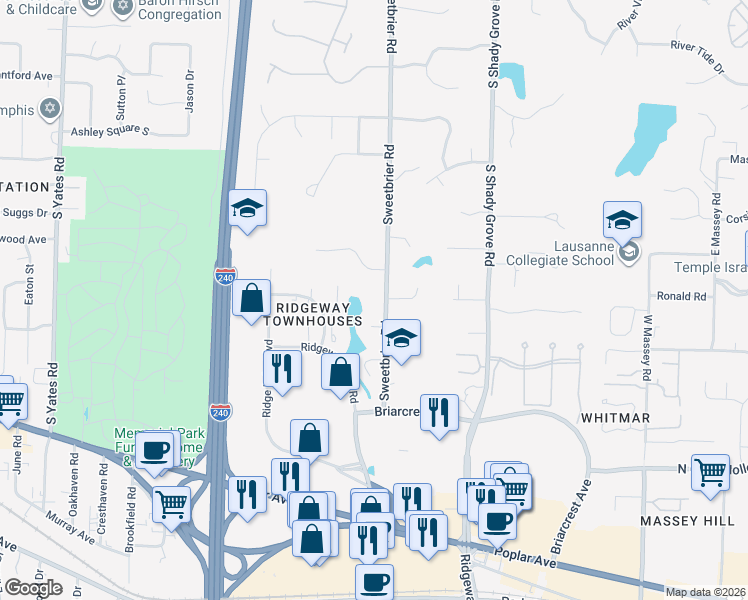 map of restaurants, bars, coffee shops, grocery stores, and more near 753 Sweetbrier Road in Memphis
