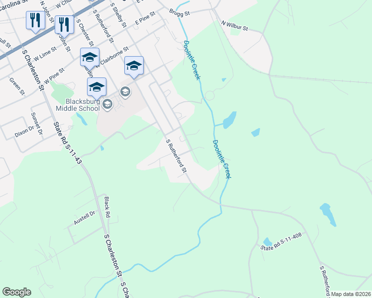 map of restaurants, bars, coffee shops, grocery stores, and more near 619 South Shelby Street in Blacksburg