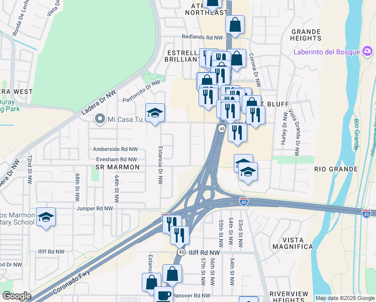 map of restaurants, bars, coffee shops, grocery stores, and more near 2327 Maiden Grass Road Northwest in Albuquerque