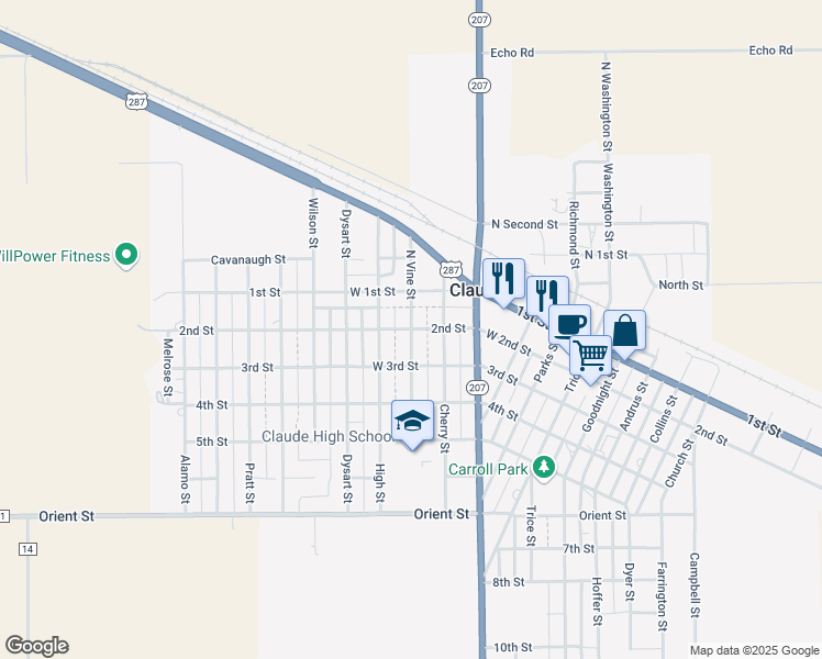 map of restaurants, bars, coffee shops, grocery stores, and more near North Vine Street in Claude