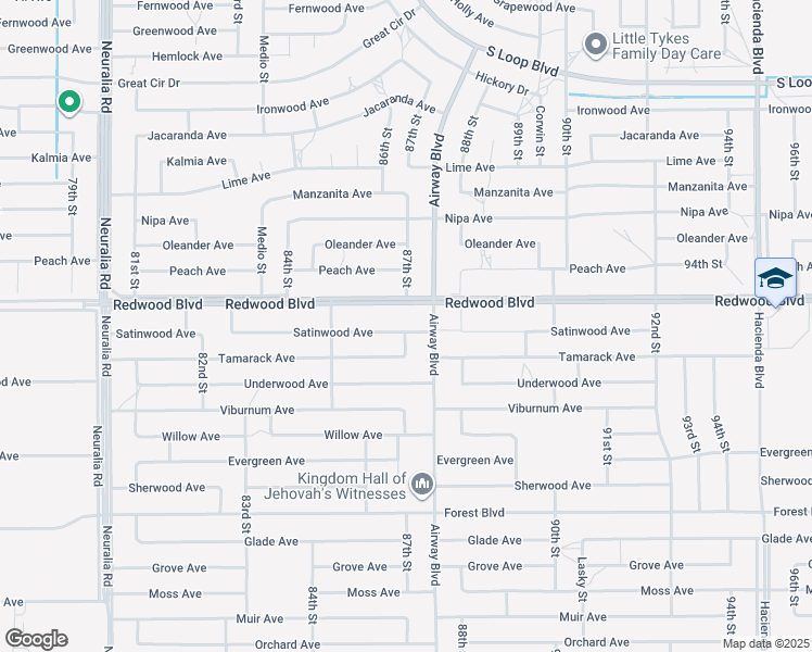 map of restaurants, bars, coffee shops, grocery stores, and more near 8661 Satinwood Avenue in California City