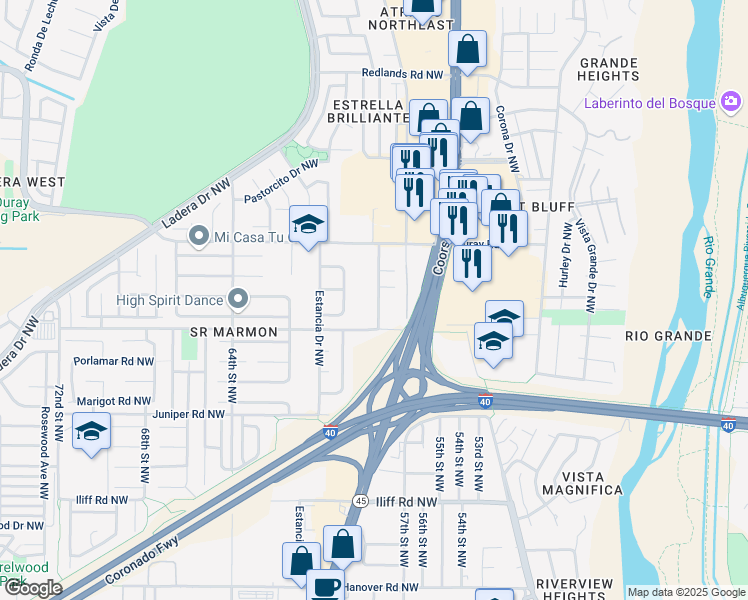 map of restaurants, bars, coffee shops, grocery stores, and more near 2327 Maiden Grass Road Northwest in Albuquerque