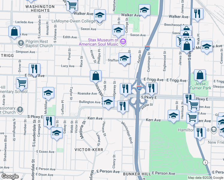 map of restaurants, bars, coffee shops, grocery stores, and more near 1333 Ridgeway Street in Memphis
