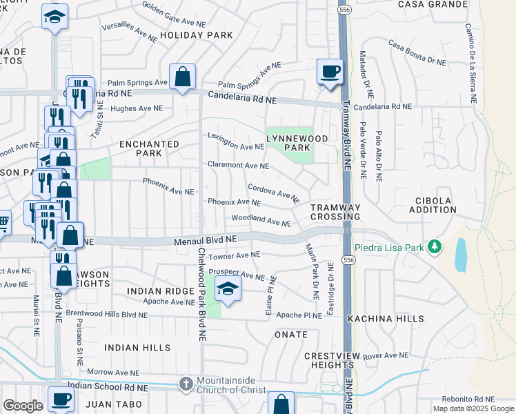 map of restaurants, bars, coffee shops, grocery stores, and more near 12204 Phoenix Avenue Northeast in Albuquerque