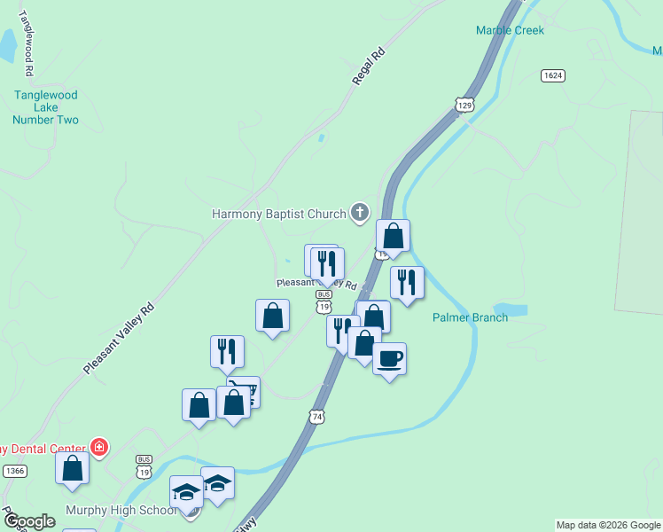map of restaurants, bars, coffee shops, grocery stores, and more near 1611 State Road 1368 in Murphy