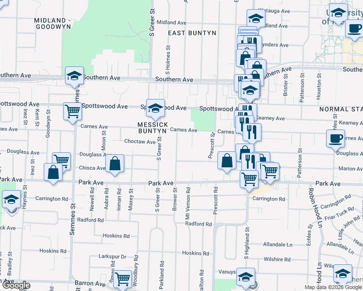 map of restaurants, bars, coffee shops, grocery stores, and more near 780 Brower St in Memphis