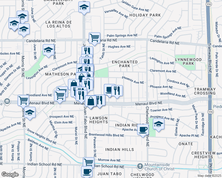 map of restaurants, bars, coffee shops, grocery stores, and more near 2428 Algodones St NE in Albuquerque