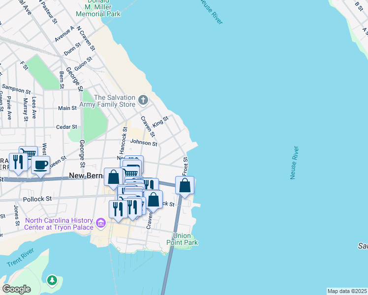 map of restaurants, bars, coffee shops, grocery stores, and more near 516 East Front Street in New Bern