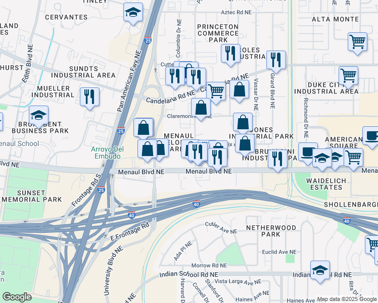 map of restaurants, bars, coffee shops, grocery stores, and more near 2019 Menaul Blvd NE in Albuquerque