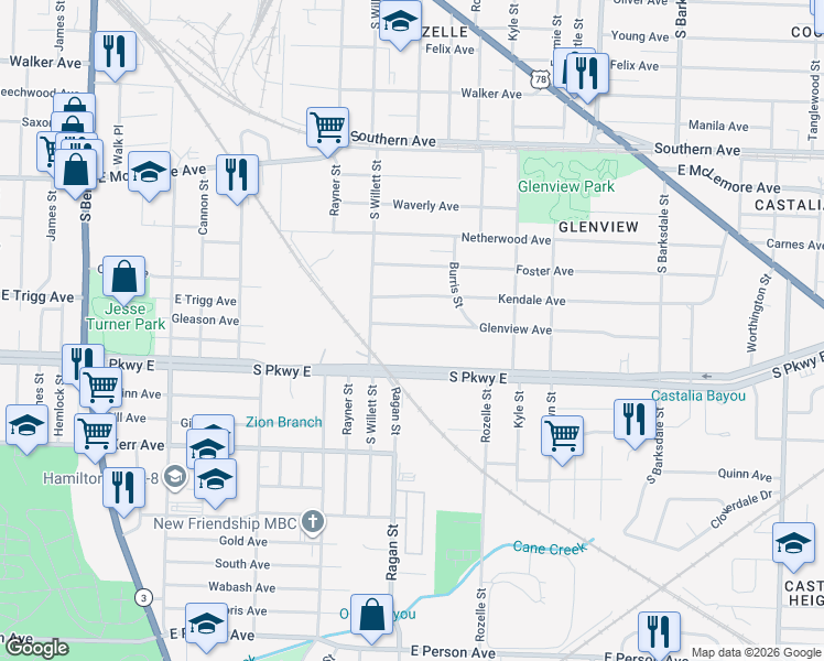 map of restaurants, bars, coffee shops, grocery stores, and more near 1605 Glenview Avenue in Memphis