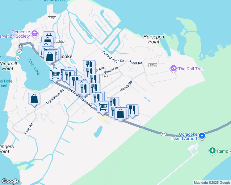 map of restaurants, bars, coffee shops, grocery stores, and more near 109 Middle Road in Ocracoke