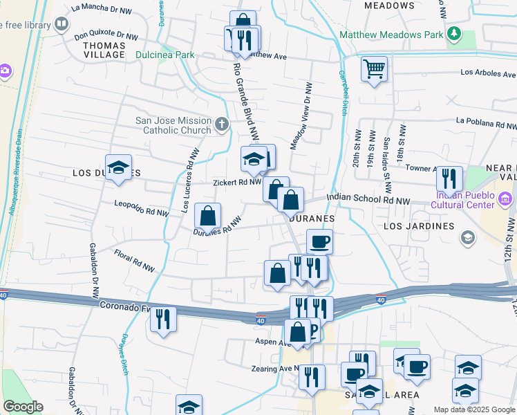 map of restaurants, bars, coffee shops, grocery stores, and more near 2430 Indian School Road Northwest in Albuquerque