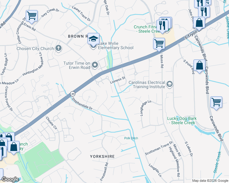 map of restaurants, bars, coffee shops, grocery stores, and more near 13130 Erwin Road in Charlotte