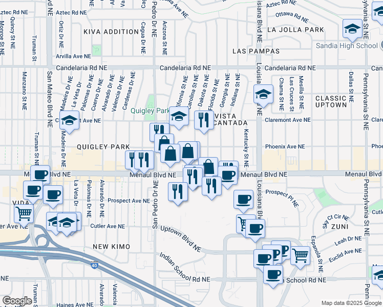 map of restaurants, bars, coffee shops, grocery stores, and more near 2627 Dakota Street Northeast in Albuquerque