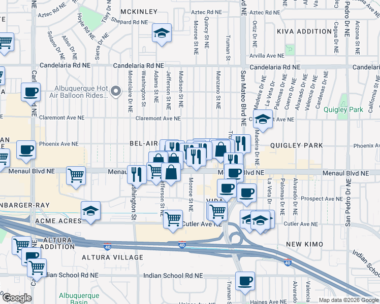 map of restaurants, bars, coffee shops, grocery stores, and more near 2634 Madison Street Northeast in Albuquerque