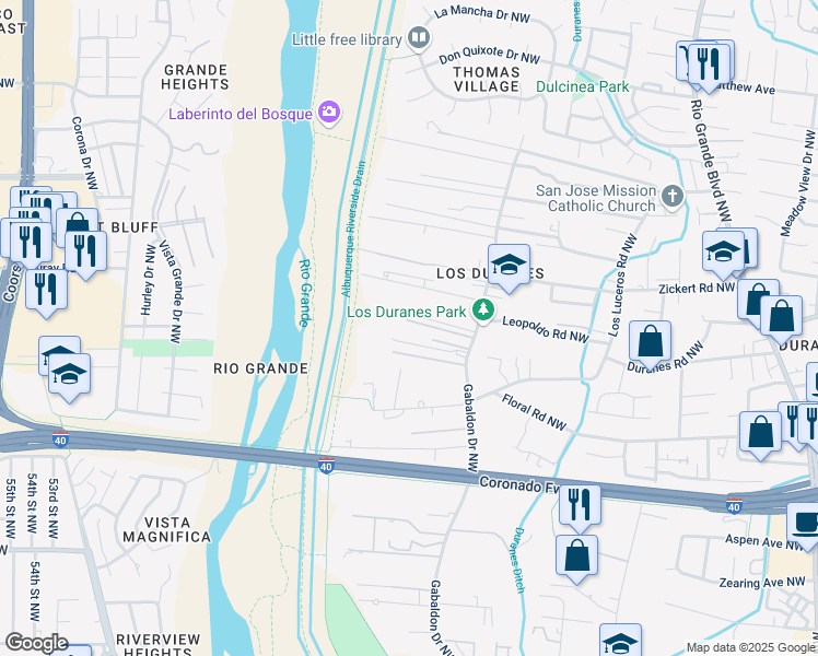 map of restaurants, bars, coffee shops, grocery stores, and more near 1527 Gabaldon Road Northwest in Albuquerque